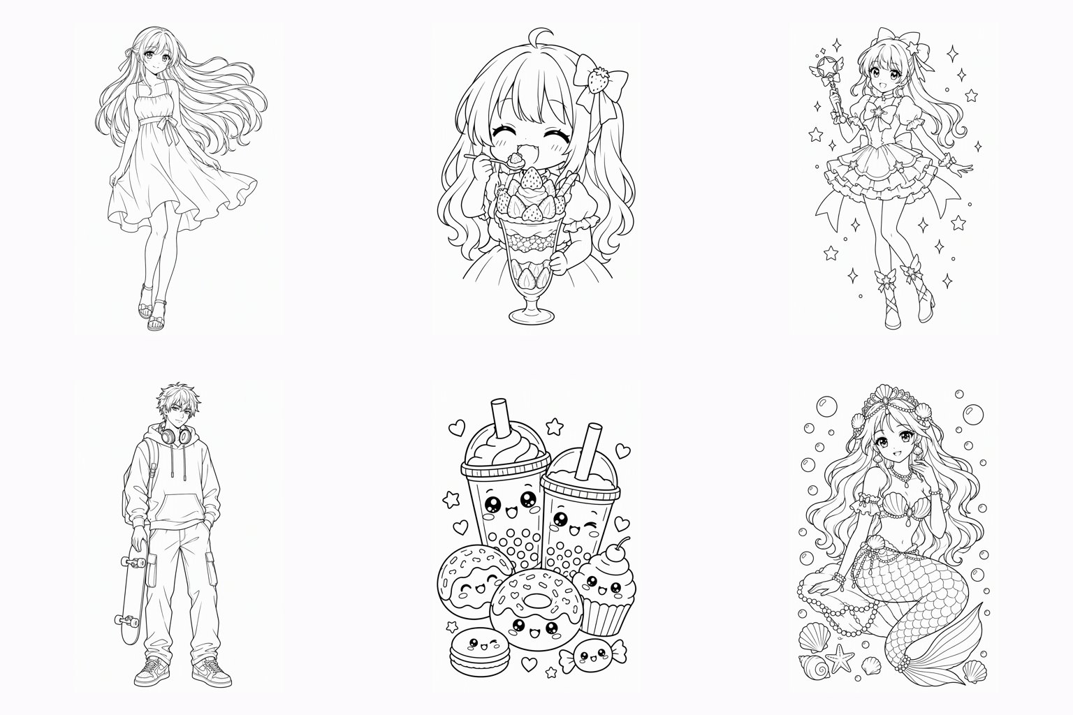 애니 색칠공부 도안 6종: 긴 머리 소녀, 치비 파르페, 마법소녀, 멋진 소년, 귀여운 버블티, 인어