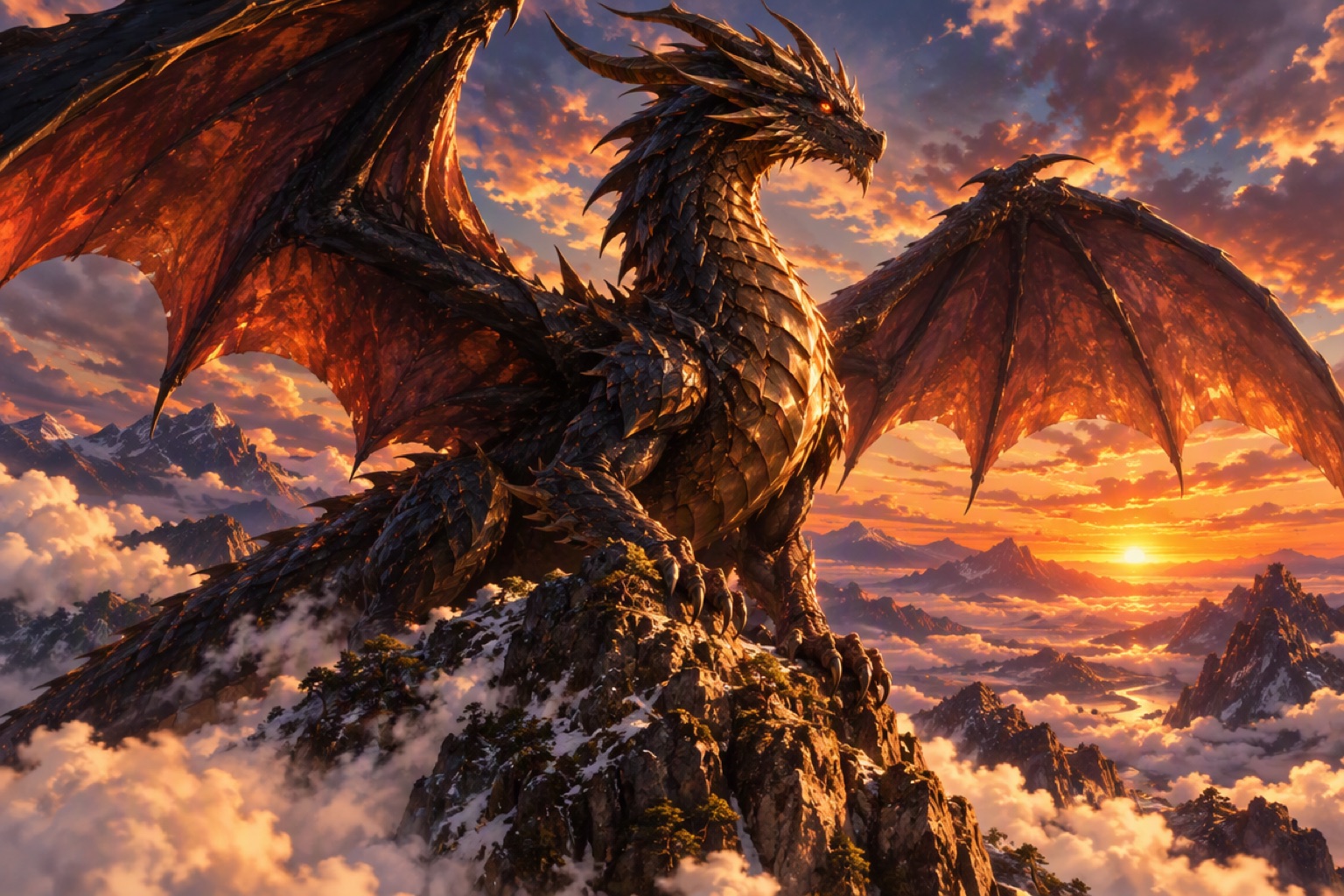 Um dragão ancestral colossal no pico de uma montanha acima das nuvens ao pôr do sol