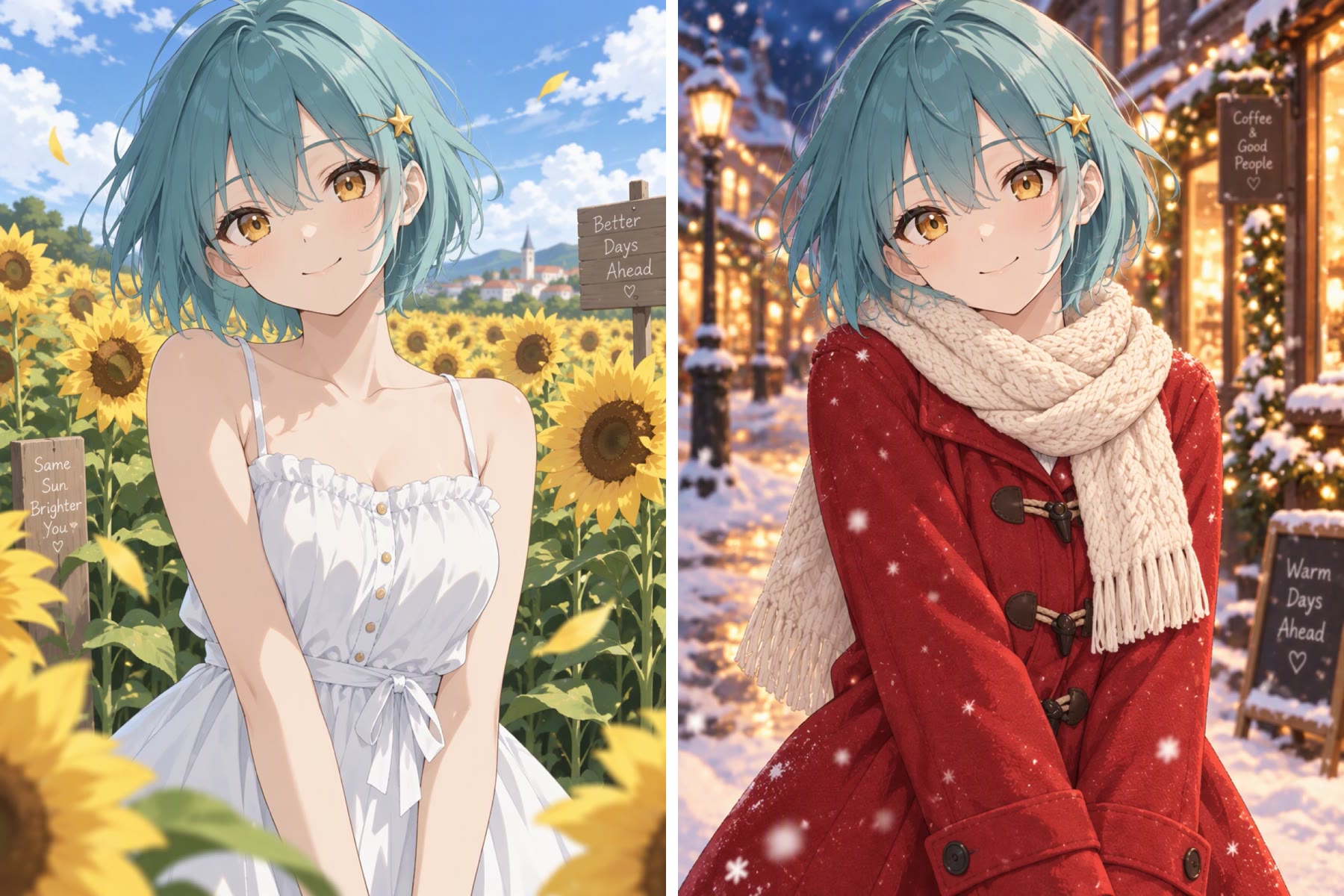 Antes e depois: a mesma garota de anime trocando o vestido de verão por um casaco vermelho de inverno