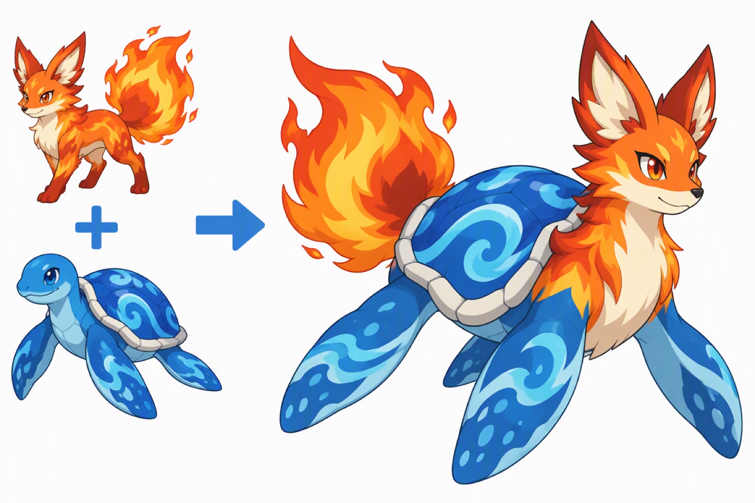 A fire fox creature and a water turtle creature fused into one new monster