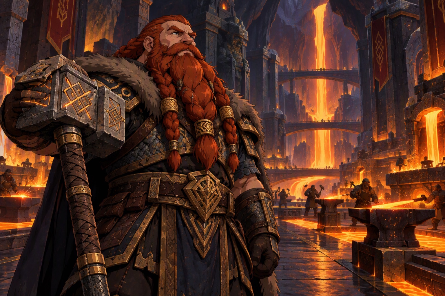 A dwarf warrior with a braided red beard in an underground forge hall