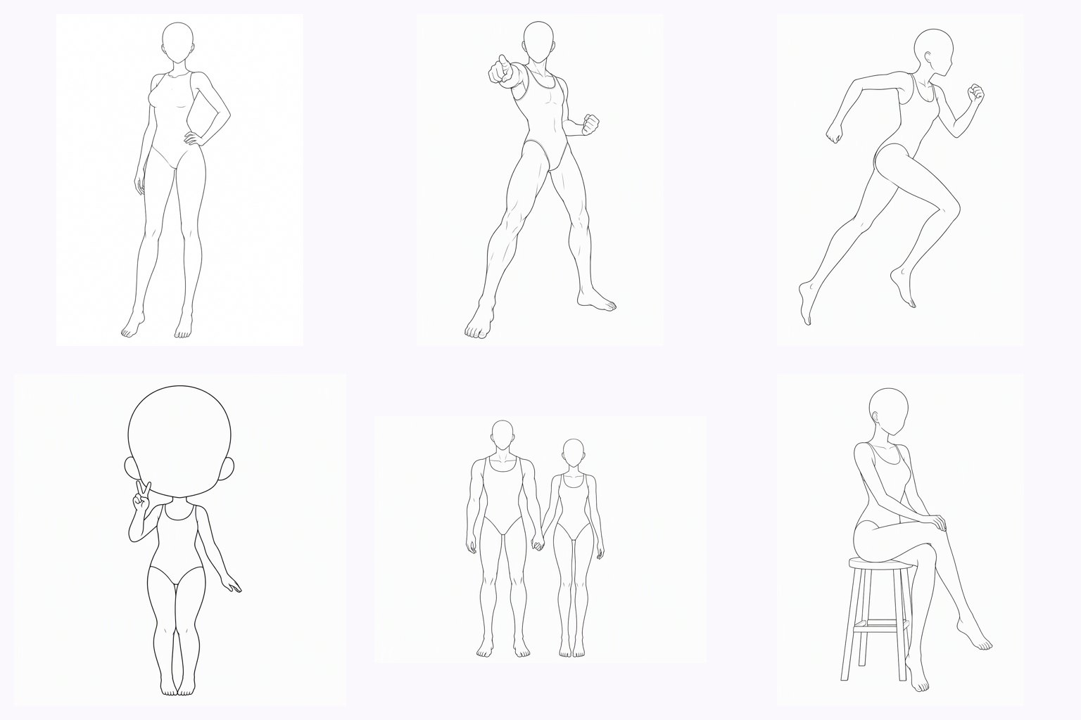 Six anime drawing bases in different poses: standing, pointing, running, chibi, couple and sitting