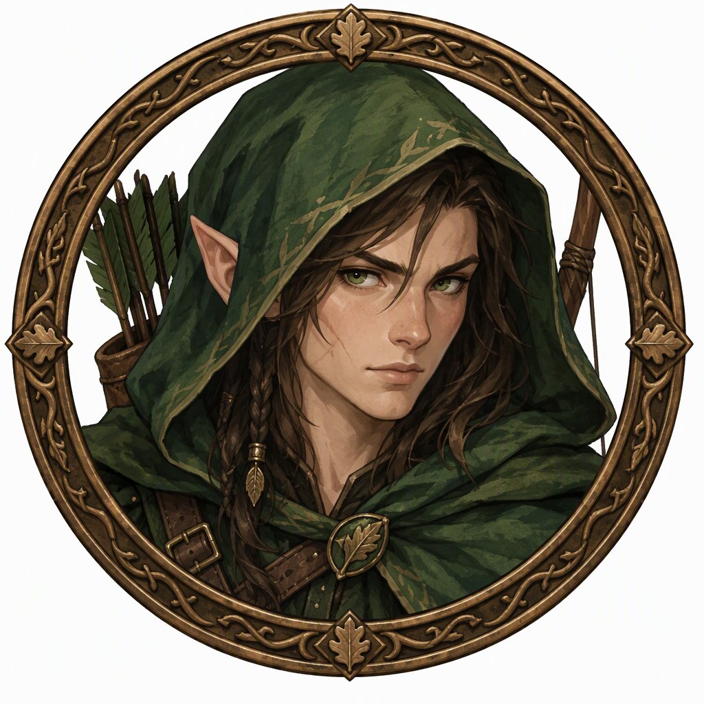Round DnD token of a hooded half-elf ranger in an ornate bronze frame
