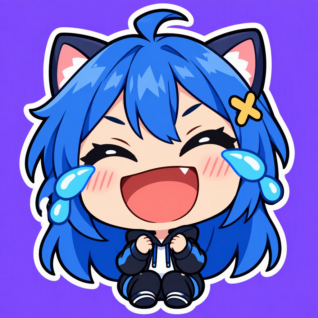 Chibi anime emote laughing with tears of joy and a thick white outline