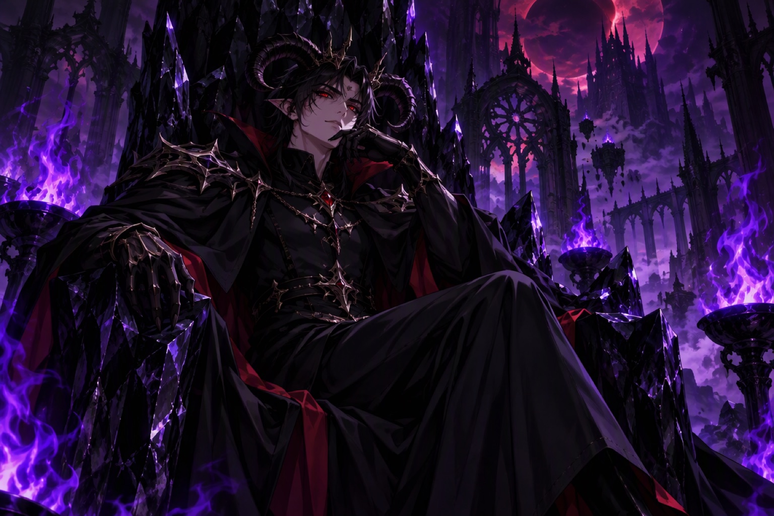 An elegant demon lord seated on an obsidian throne among violet flames