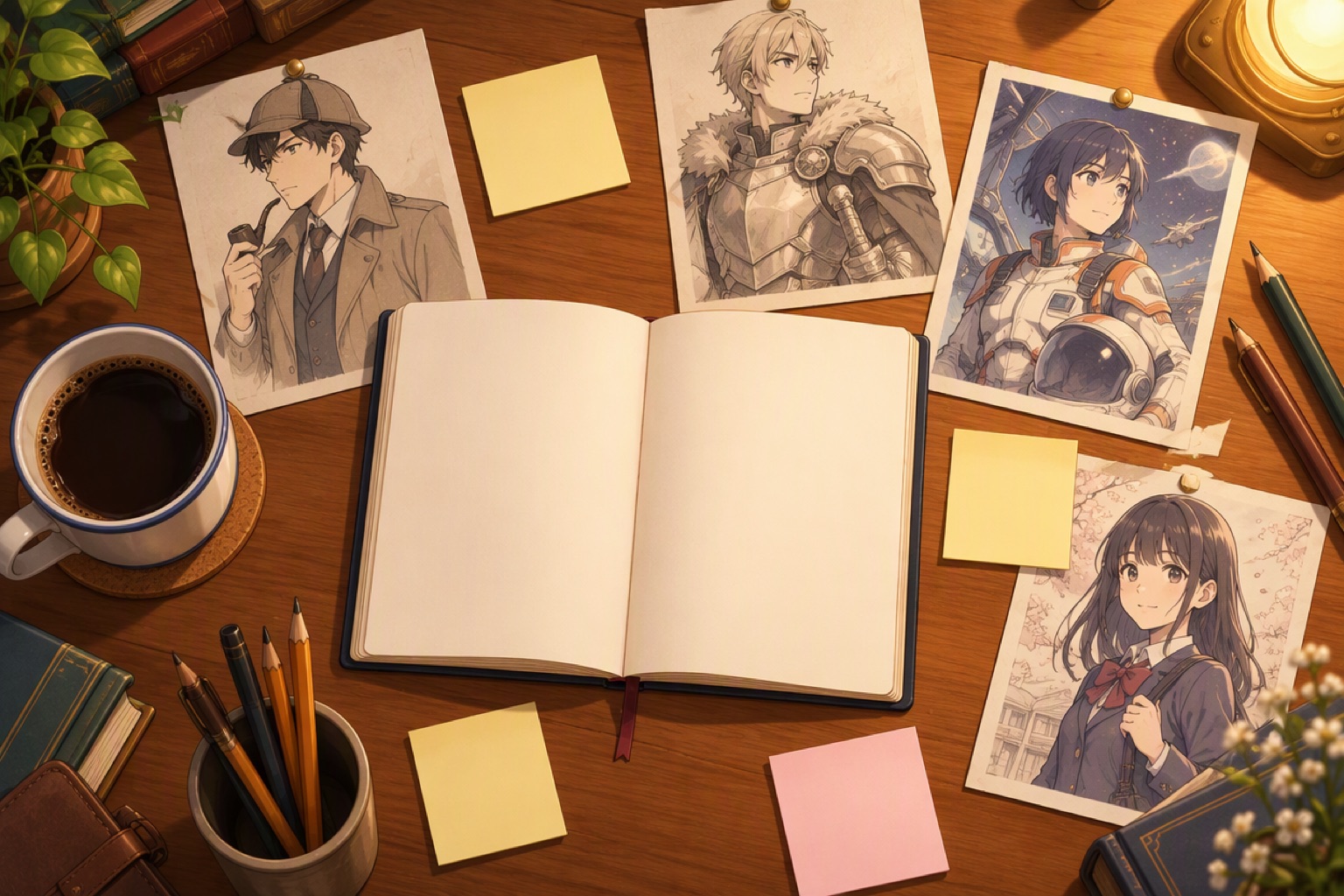 A writer's desk with blank pages surrounded by character sketches of a detective, a knight and a pilot