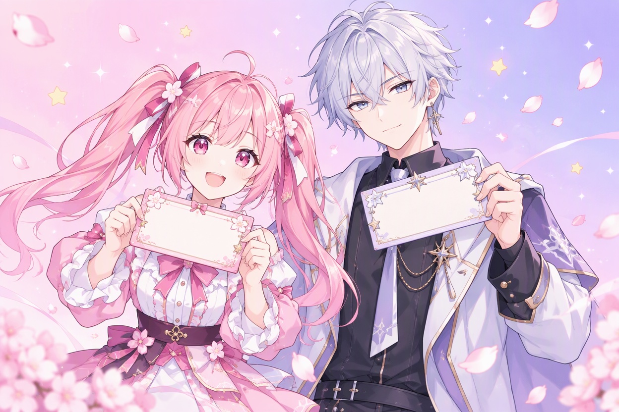 Two anime characters holding blank name cards among sakura petals