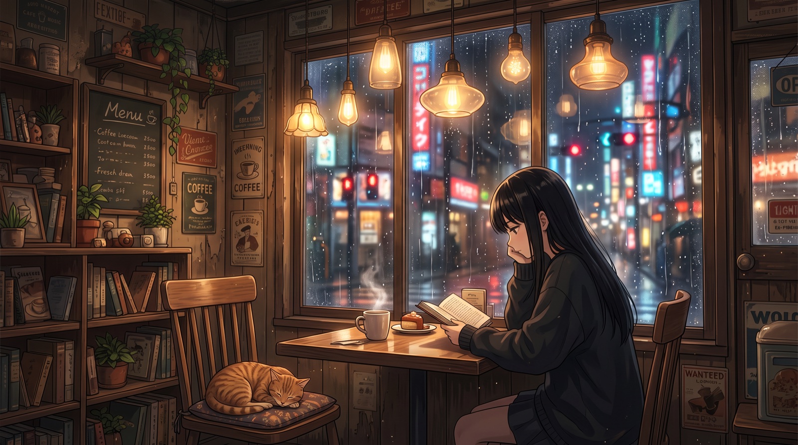 雨夜在東京咖啡廳看書的動漫女孩,以 Nano Banana 2.1 製作