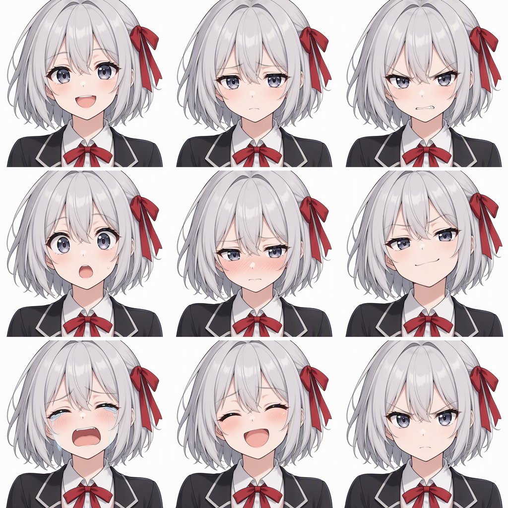 Hoja de expresiones de un personaje de anime con nueve expresiones faciales en una cuadrícula de 3x3