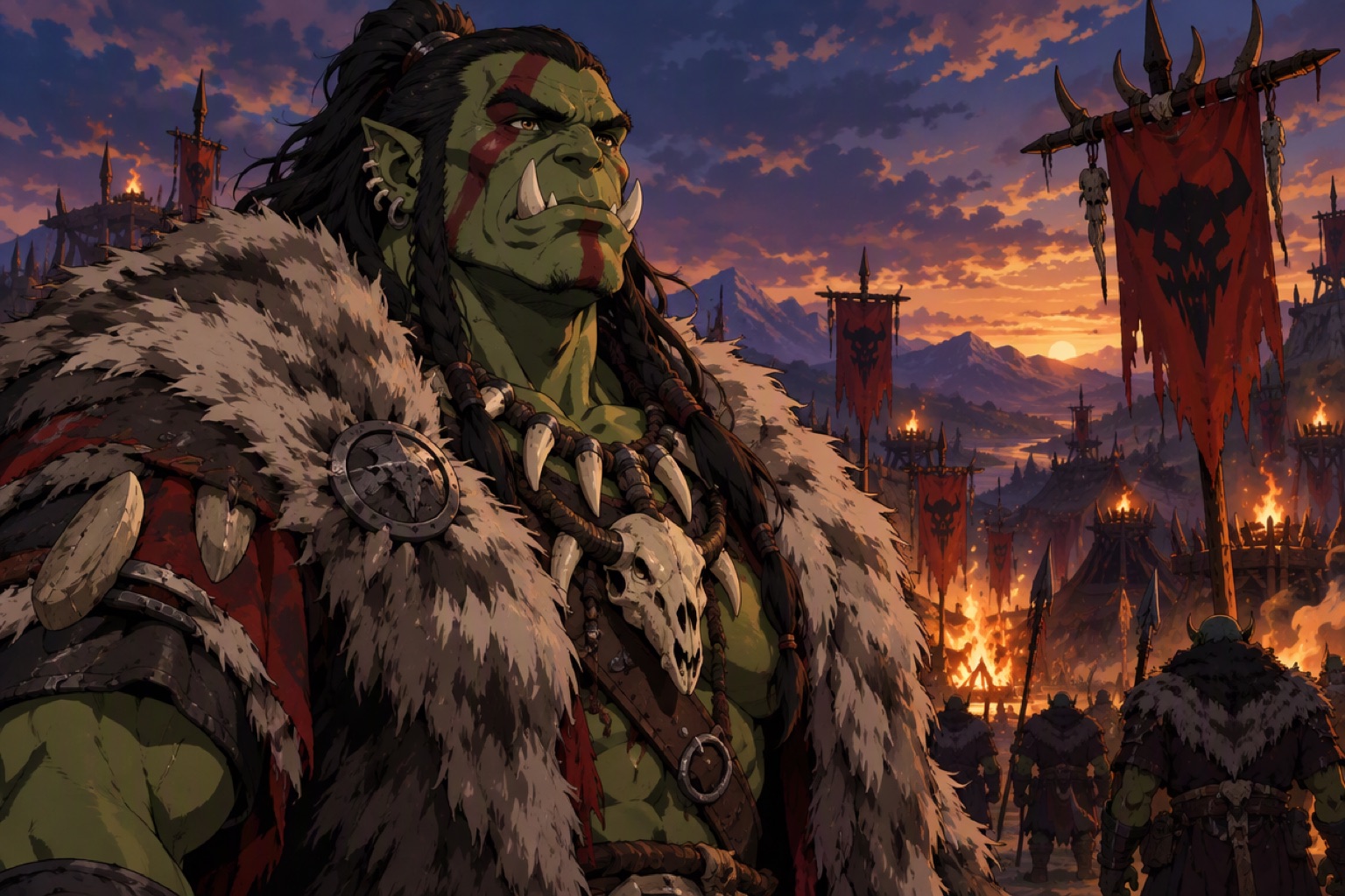 An orc warlord with tusks and war paint before a camp of banners at dusk
