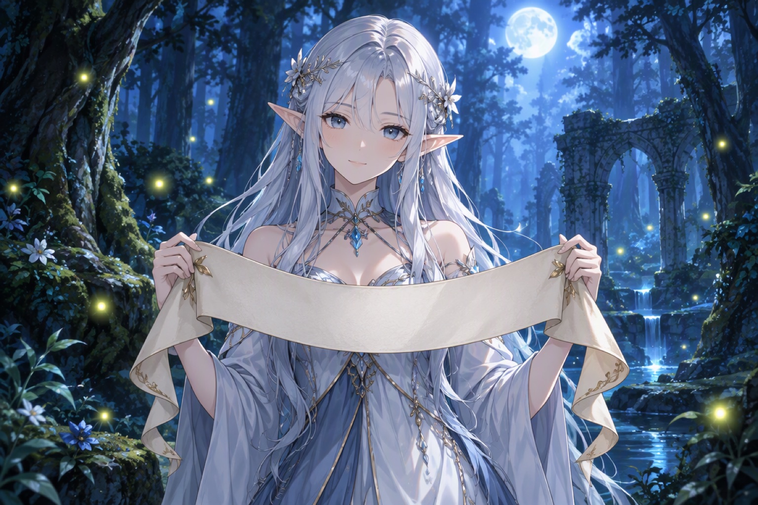 An elf with long silver hair holding a blank scroll in a moonlit forest
