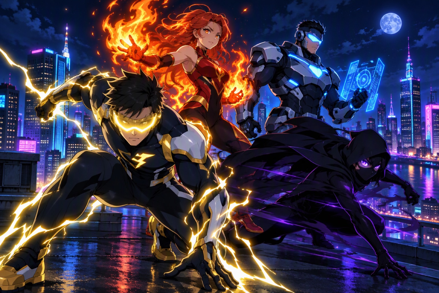An original superhero team posing on a city rooftop at night