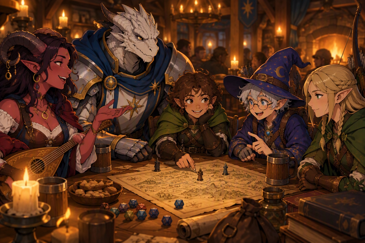 A fantasy adventuring party of a tiefling, dragonborn, halfling, gnome and elf in a tavern