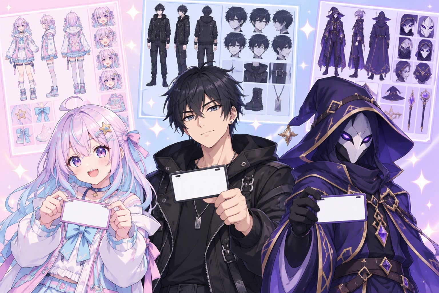 Three original anime characters holding blank name tags in front of character reference sheets