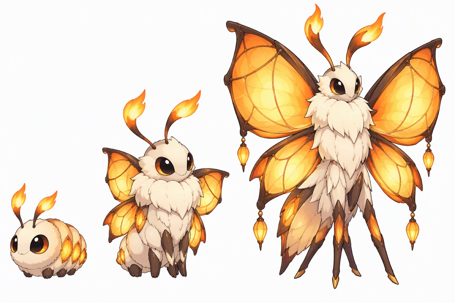 An original lantern moth creature shown in three evolution stages