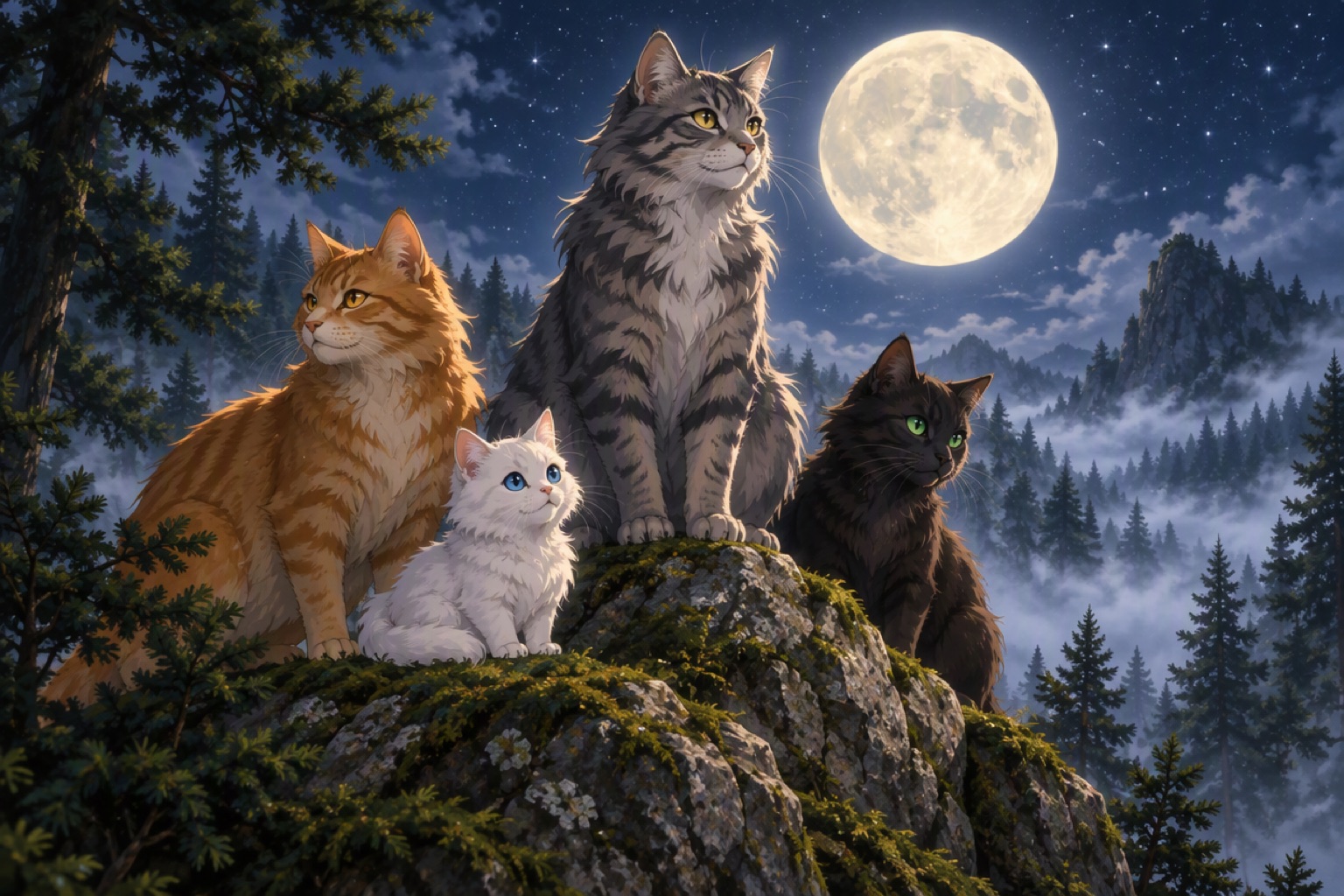 A clan of original forest cats gathered on a great rock under a full moon