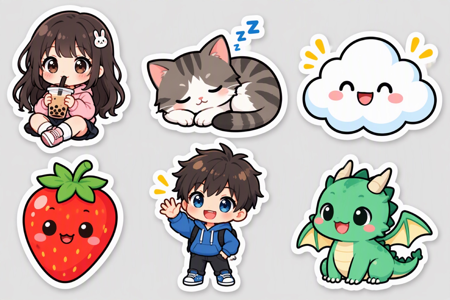 Uma cartela de figurinhas de anime fofas, recortadas e com bordas brancas