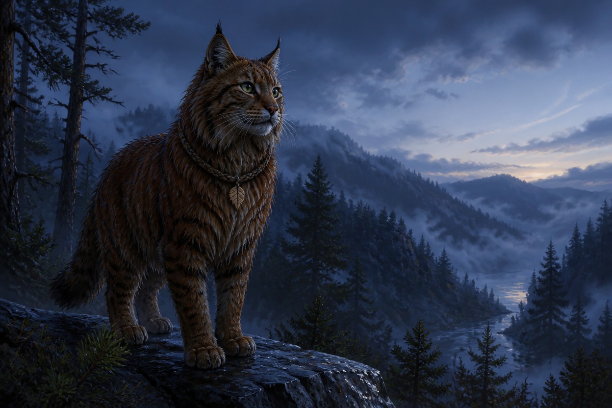 Original adult forest cat on a misty pine ridge at blue hour