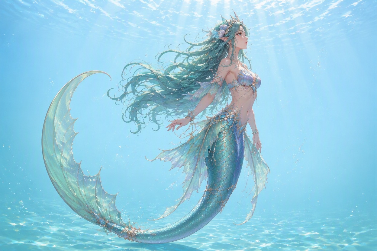 Full-body mermaid OC with a large crescent tail and clearly separated fin silhouette