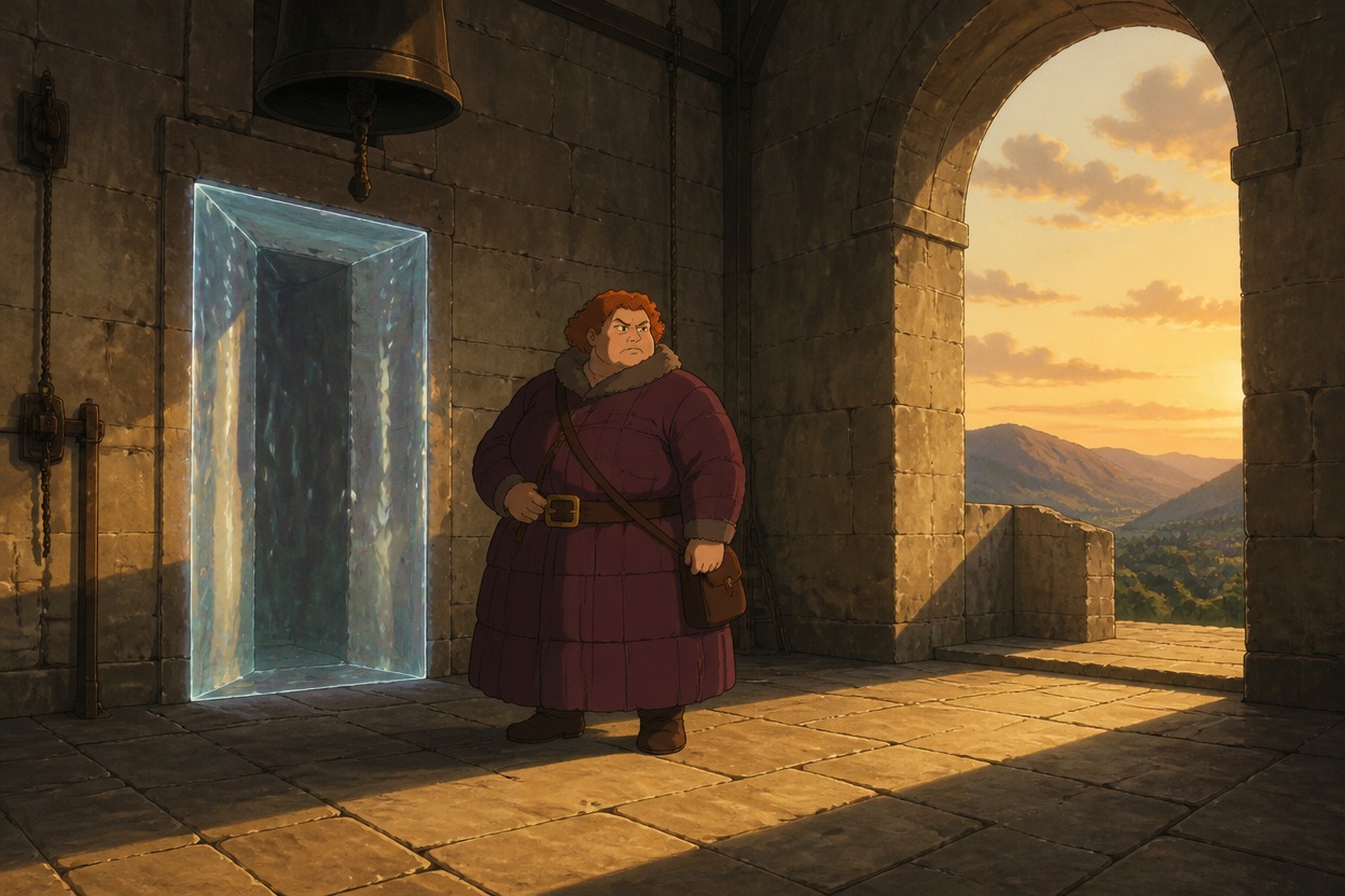 Anime watchkeeper beside a narrow barrier and an unprotected arch