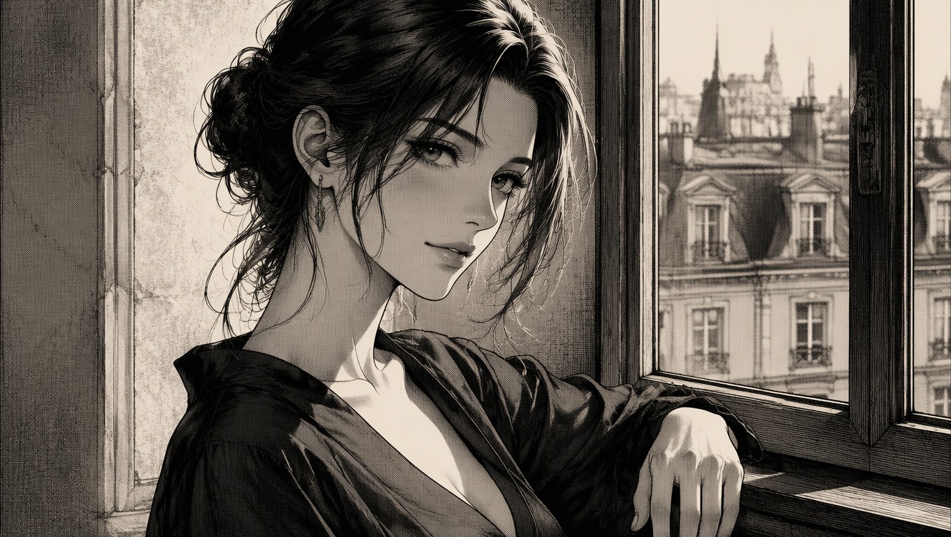 Portrait transformed into clean monochrome manga art
