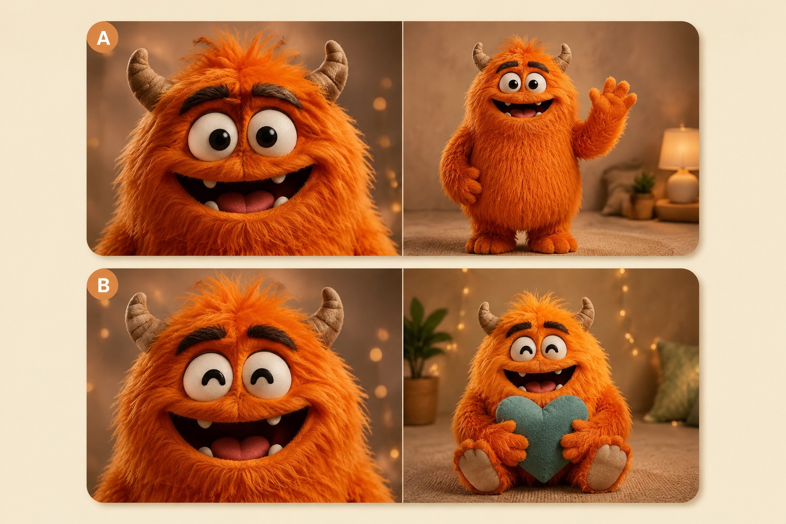 A fuzzy orange puppet creature with tiny horns and a warm studio background
