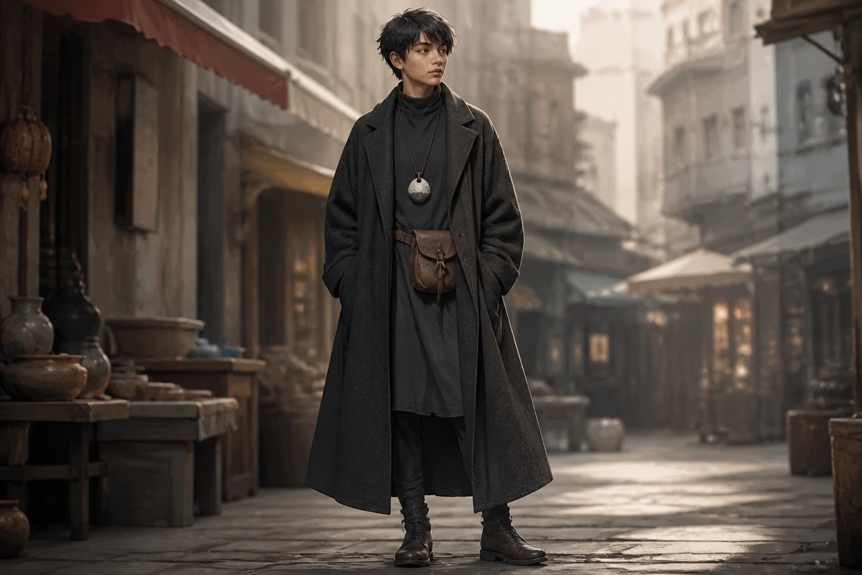 Original adult character with a long coat, plain belt pouch, and ceramic pendant in a market street