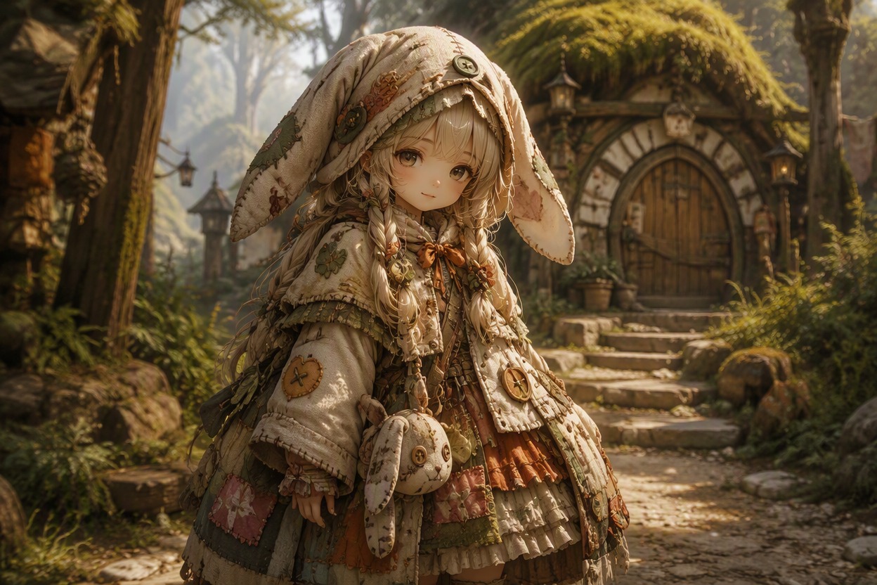 One original character illustration demonstrating make materials part of personality for puppet OC maker, theme-specific character design, polished anime fantasy RPG concept art, single subject, clean composition, no readable text, no logo, no watermark
