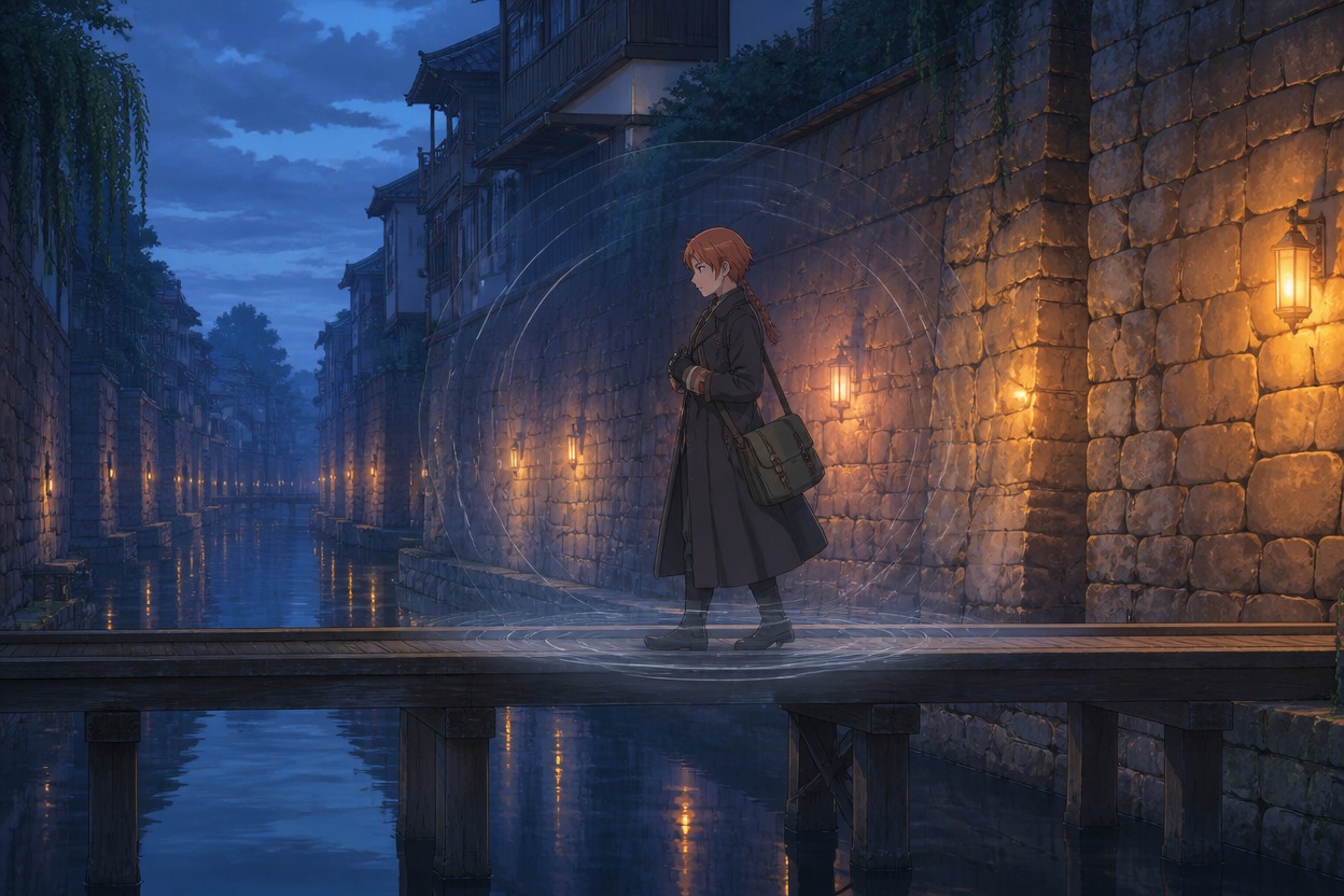 Anime copper-haired courier pausing on a canal footbridge