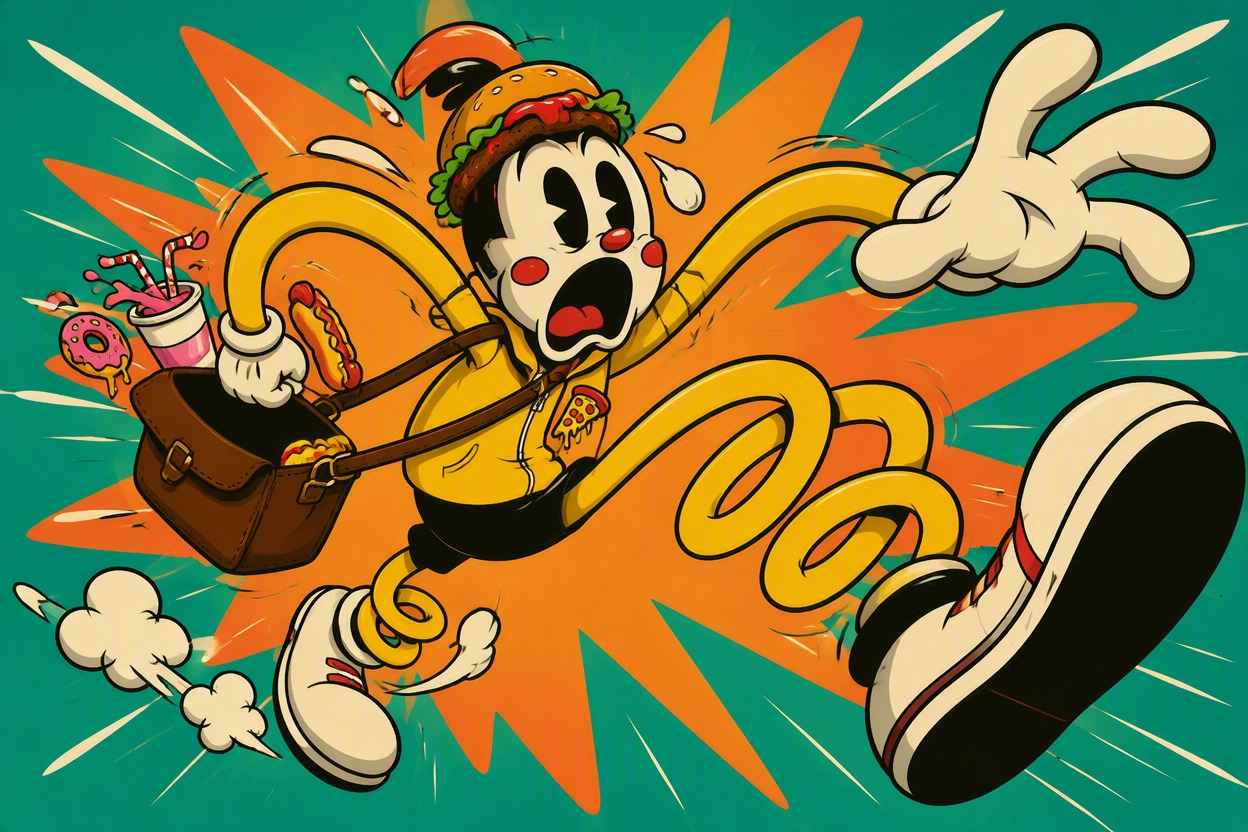One original elastic cartoon courier from a surreal food world, yellow jacket, messenger satchel, springy limbs, startled face, speed-line pose, bold ink outlines, flat cel colors, clean geometric background, no text, no logo