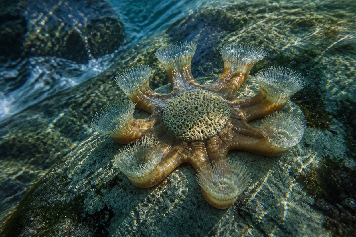 Radial tidal suspension feeder anchored in a shallow turquoise surge channel