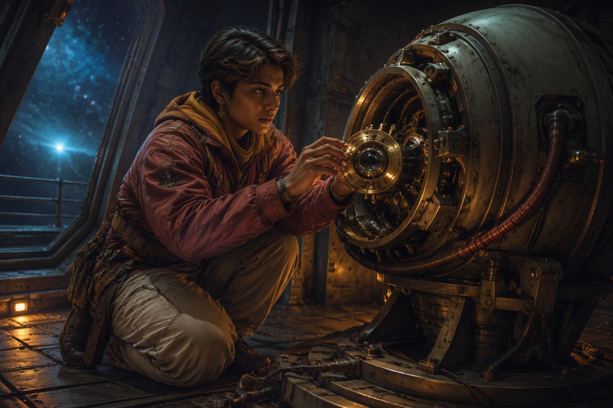 One original South Asian nonbinary navigation hardware technician, age 29, long braid, rust-red insulated jacket and cream work trousers, kneeling beside an open mechanical star-tr