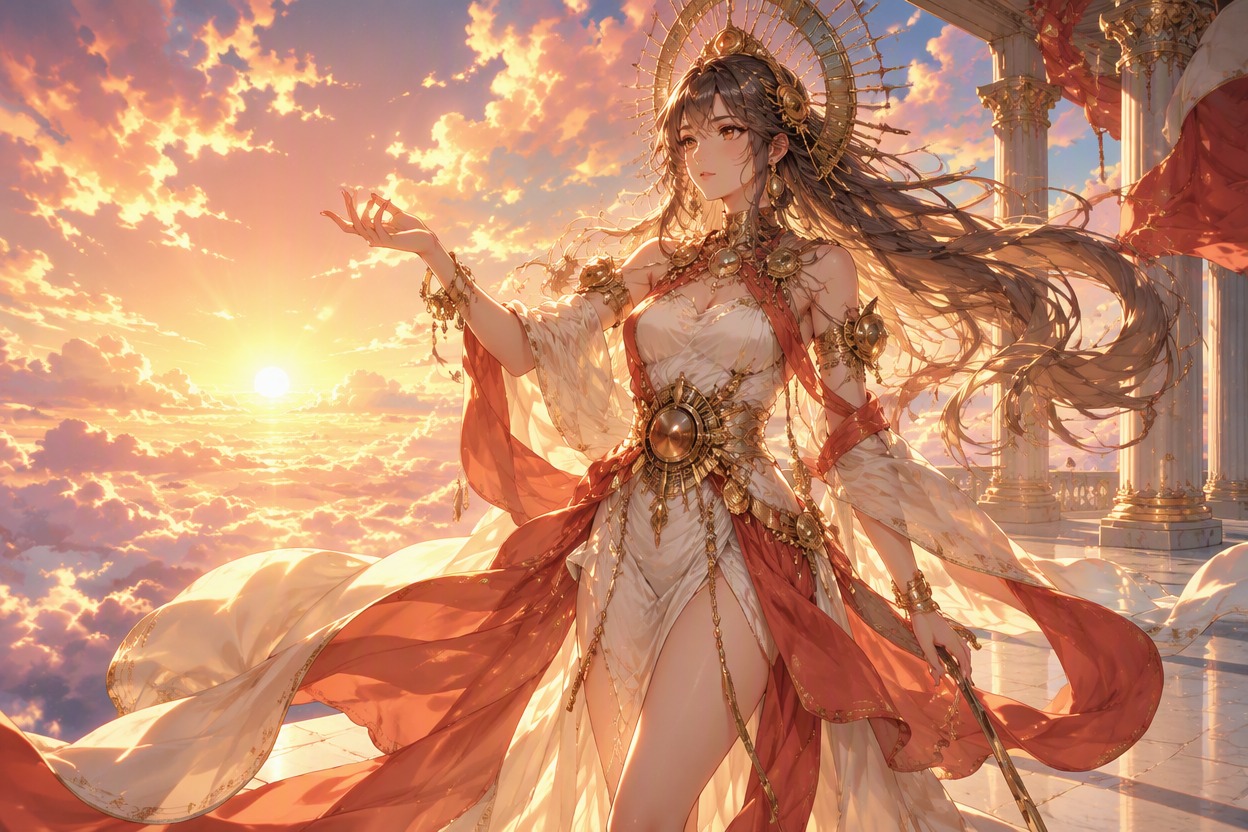 One original mythic dawn goddess OC, flowing ivory and coral drapery, sun-disc inspired jewelry without real symbols, warm sunrise clouds, elegant full-body pose, polished anime fantasy RPG illustration