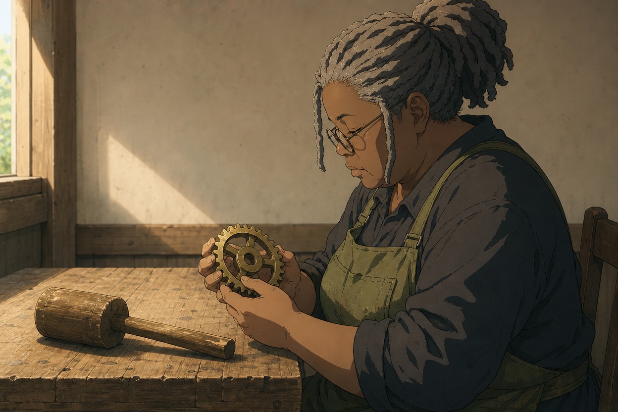Anime gray-haired repairer inspecting a brass gear beside a wooden mallet