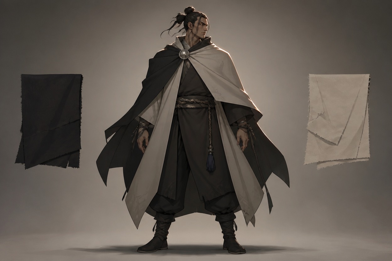 Original adult character with two distinct layered costume volumes shown in one clean scene