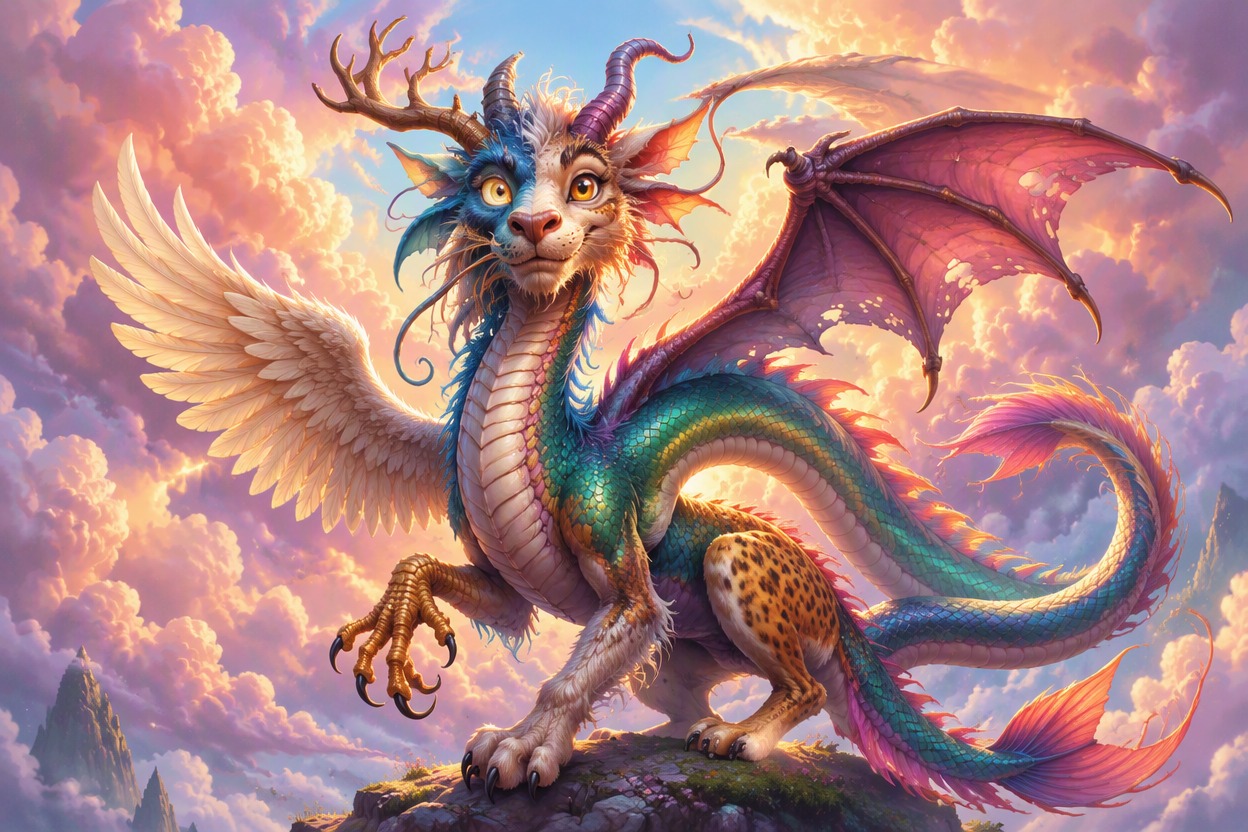 one completely original whimsical serpentine fantasy chimera with asymmetric horns, one feathered wing and one batlike wing, mismatched animal limbs, expressive playful face, float