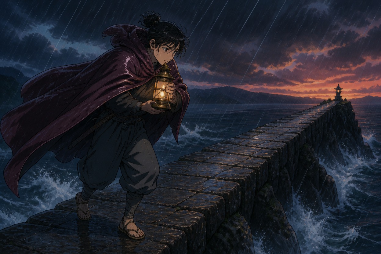 Japanese anime traveler shields a brass lantern beneath a plum cape on a rain-soaked causeway