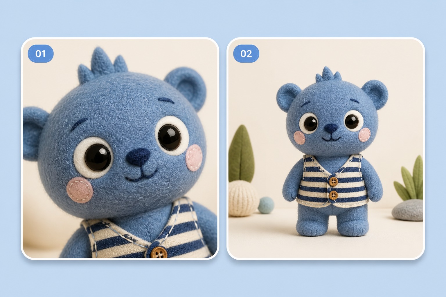An original blue felt puppet host with round eyes and a striped vest