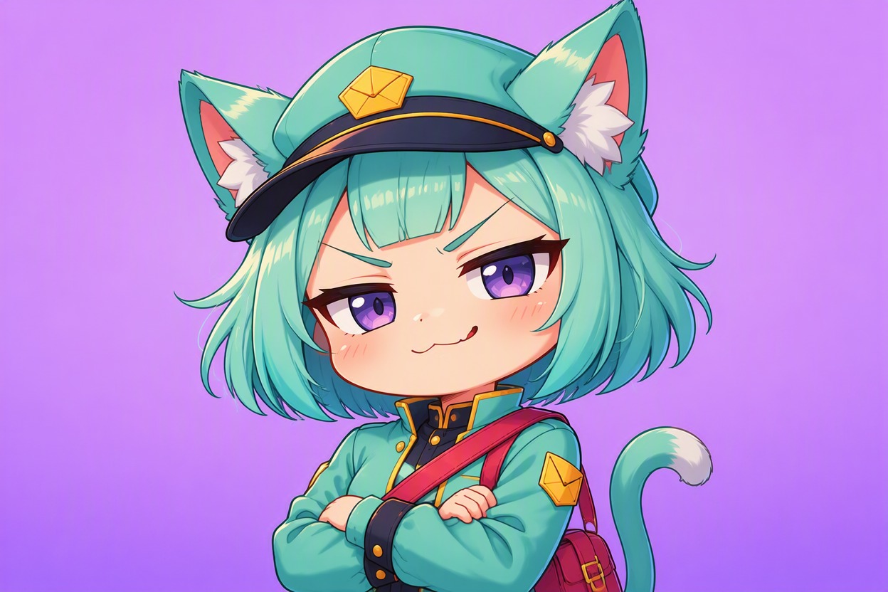 One original chibi cat-eared courier character with mint bob haircut, gold eyes, cream jacket and red satchel strap, showing a playful smug expression with one eyebrow raised, cent