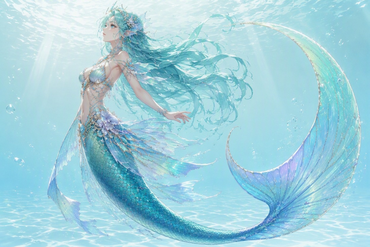 Original deep-sea mermaid navigator with bioluminescent lantern and ribbon fins