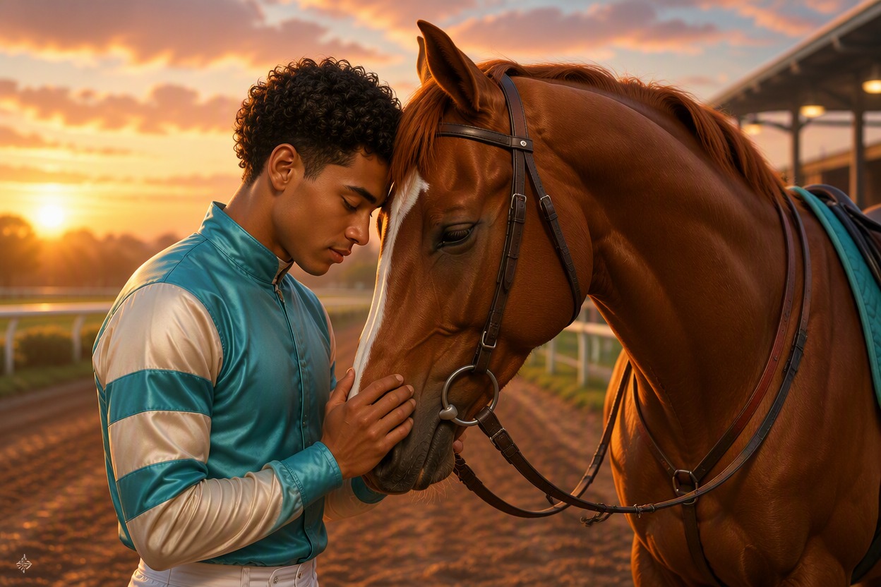 one original young adult jockey and one original chestnut thoroughbred racehorse together in a quiet dawn paddock, jockey has warm brown skin, short curly black hair, teal and crea