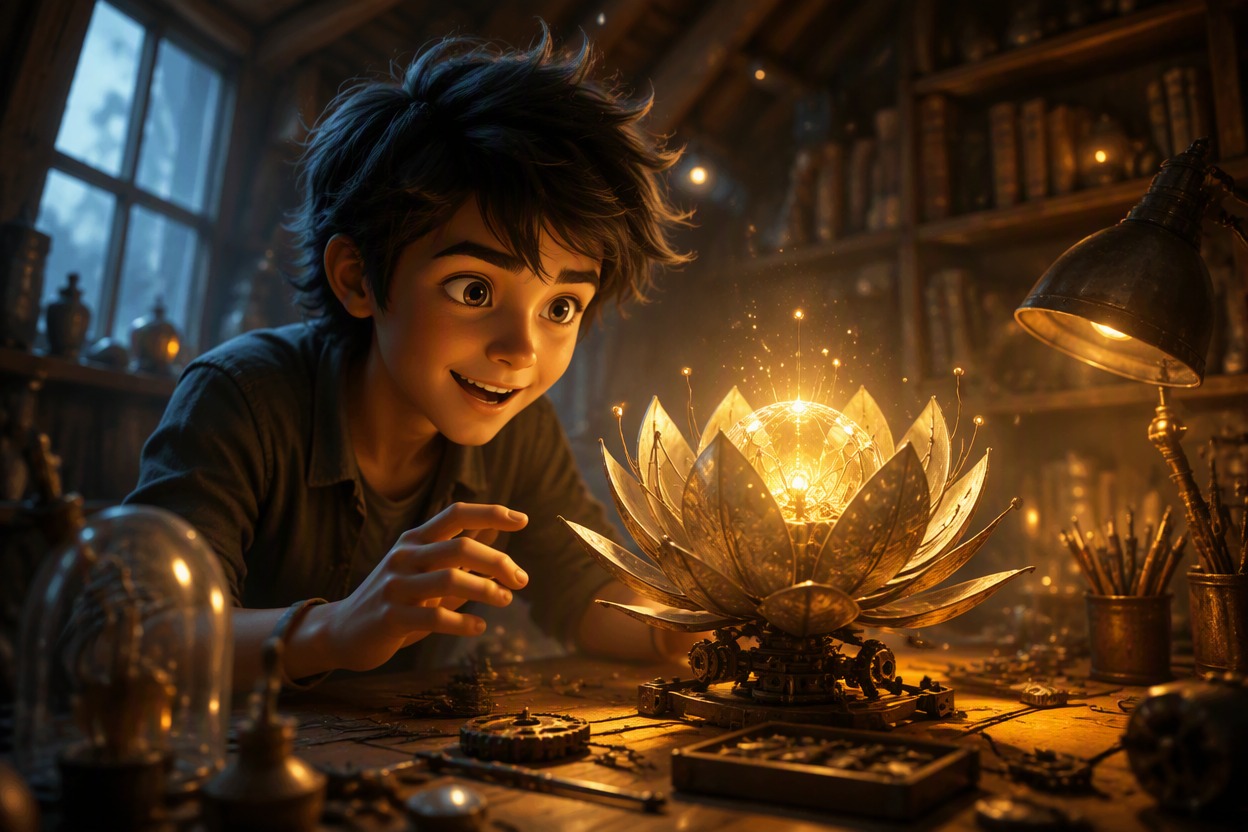 One original anime-inspired teenage inventor opening a glowing mechanical flower inside a warm attic workshop, expressive delighted reaction, floating dust and layered props implyi