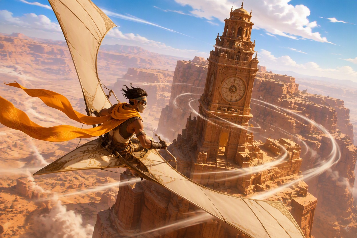 Original sky courier steering a ribbon-wing glider around a sandstone tower with cinematic camera depth