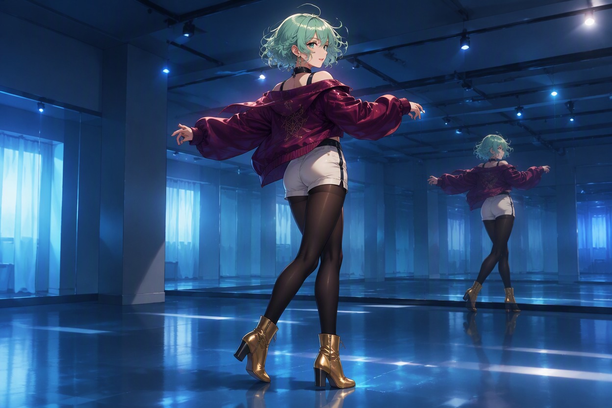 Original adult school-idol dancer rehearsing a signature turn in an empty mirrored studio