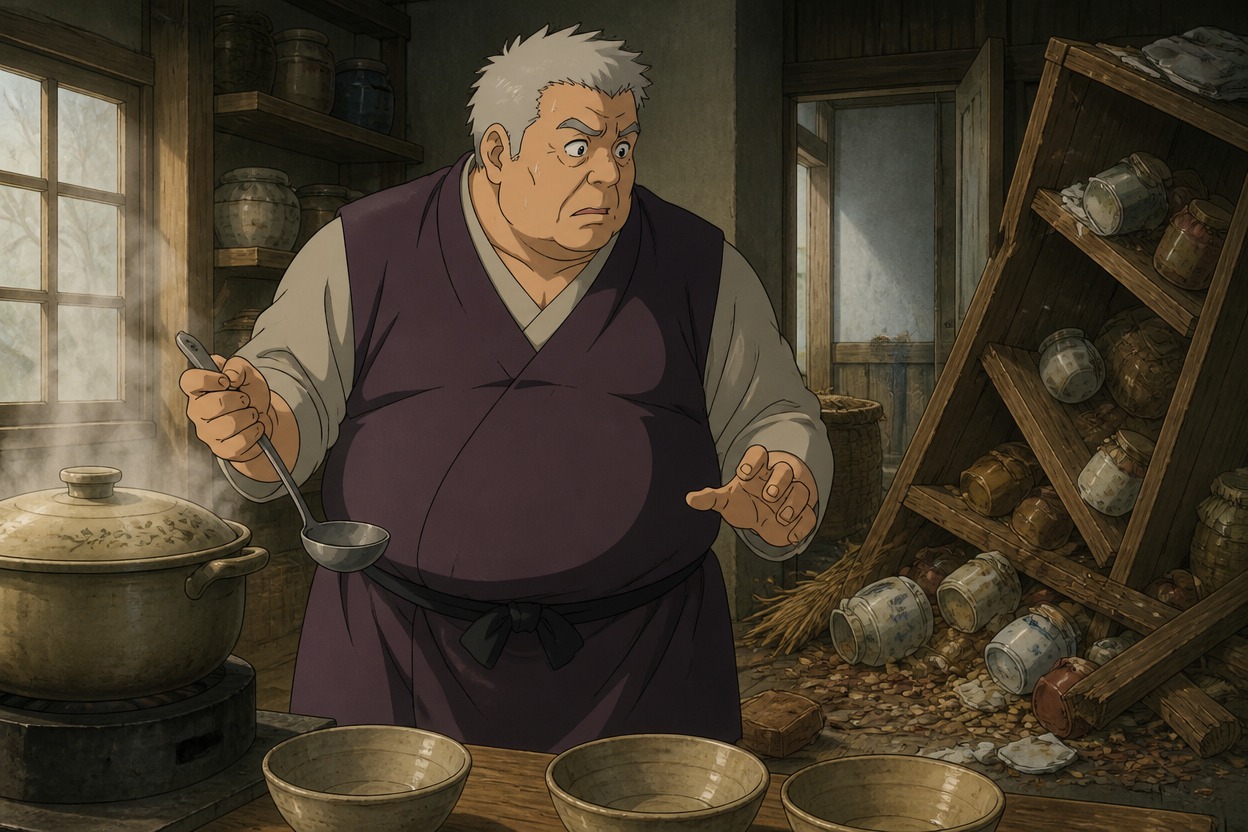 Japanese anime silver-haired kitchen coordinator holds a ladle between a steaming pot and collapsed shelves