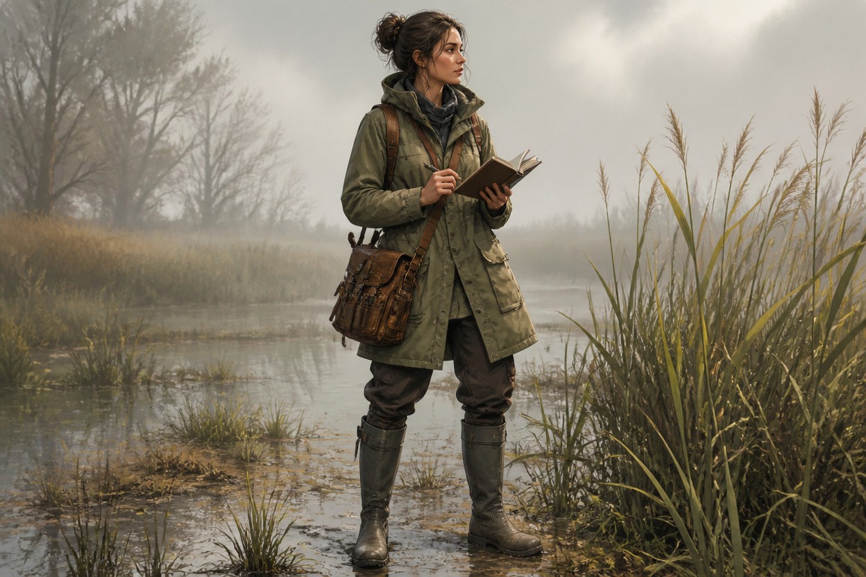 Original adult field botanist in weatherproof clothing and boots beside a misty marsh