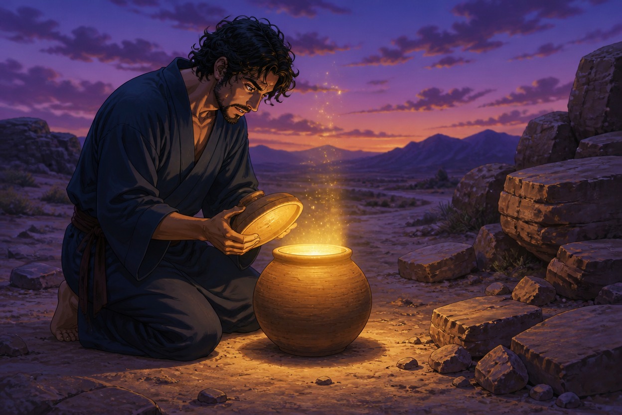 Anime ceramicist opening a glowing clay vessel at twilight