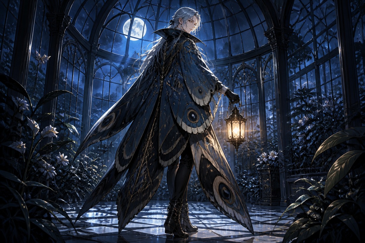 Original adult character designer with a geometric cloak, staff, and glowing studio backdrop