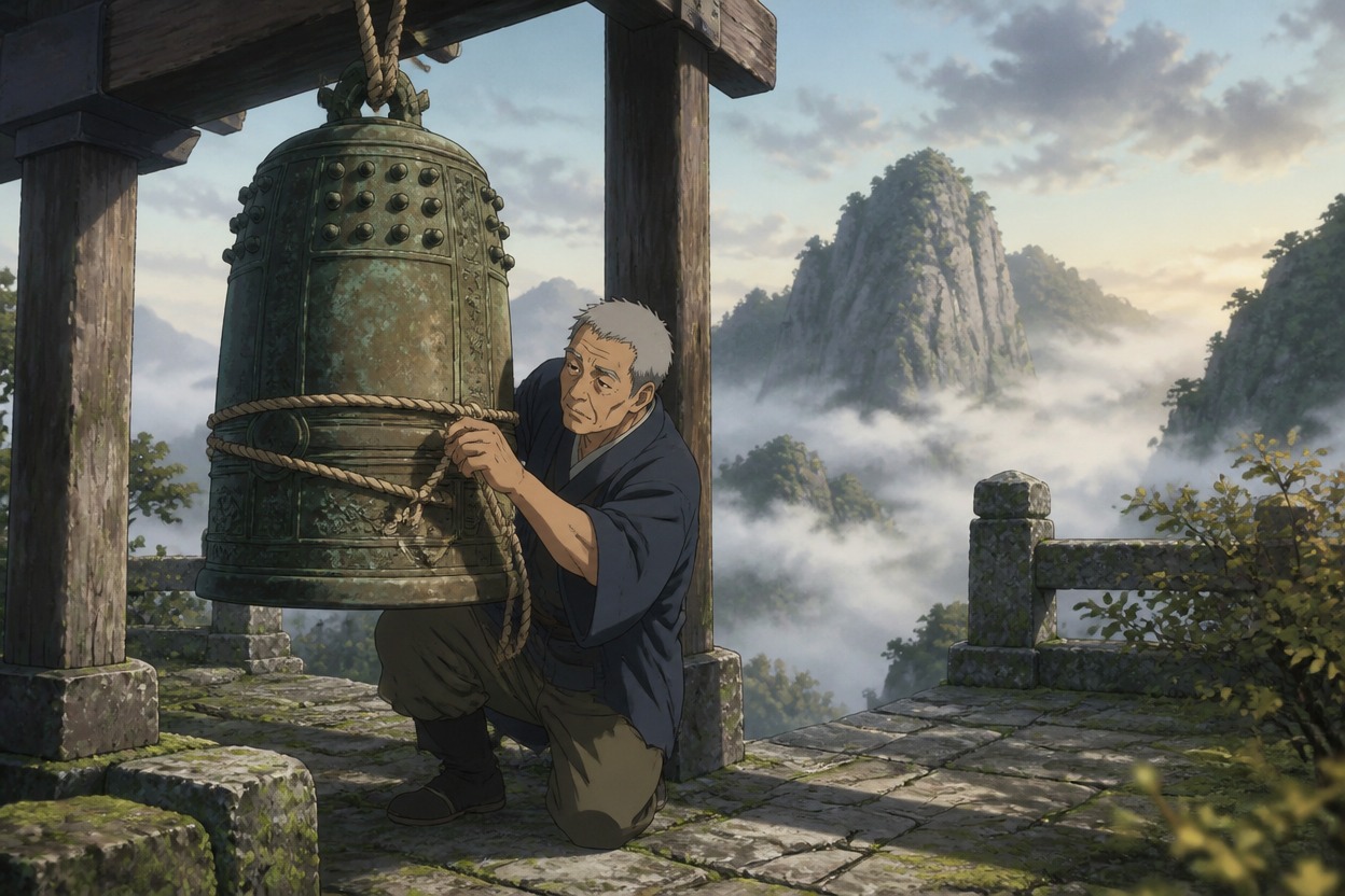 Japanese anime bell tender steadies a bound bronze bell on a misty alpine terrace