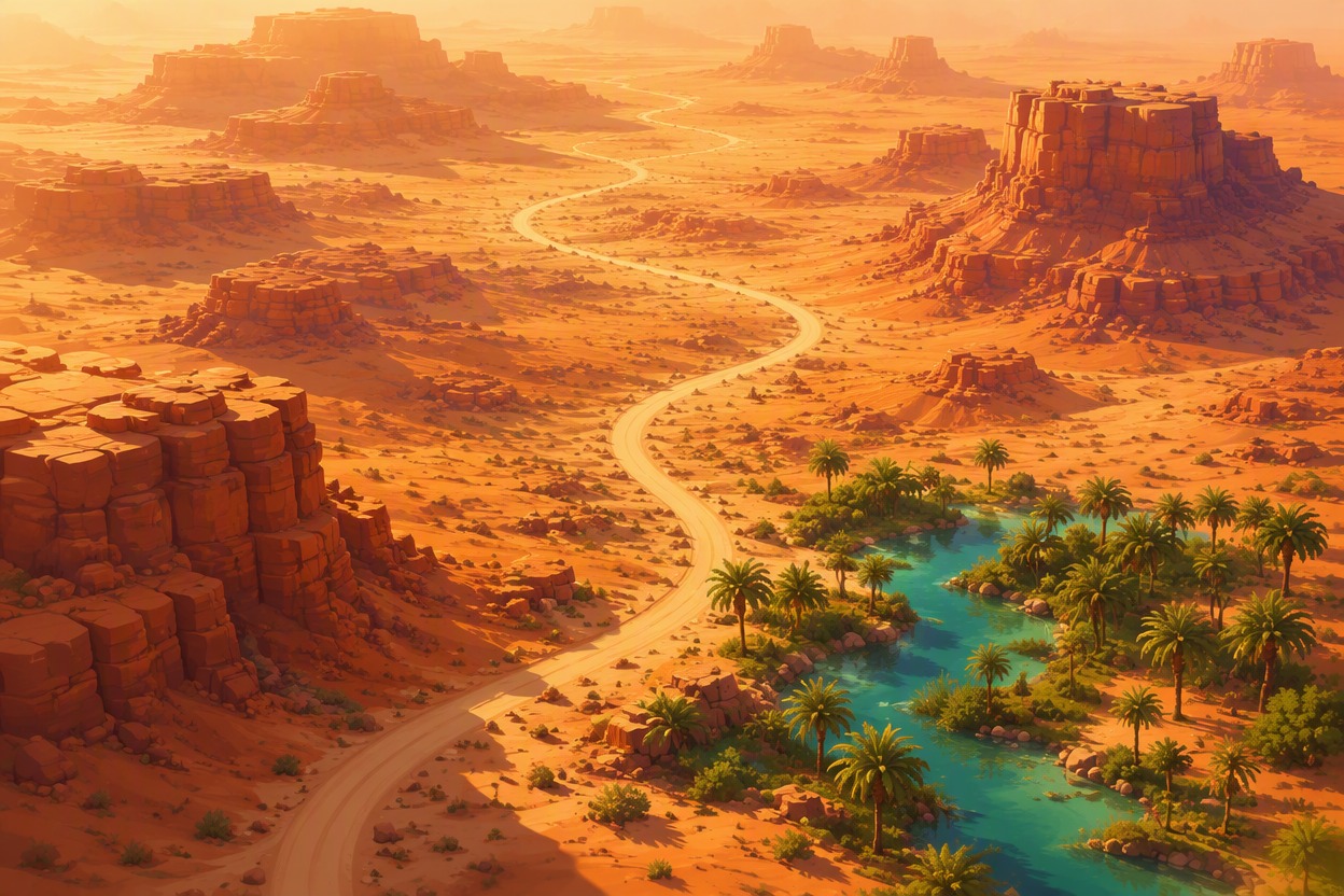 One continuous illustrated desert road map scene with a winding route, layered mesas and oasis landmarks arranged for a camera pan and gentle zoom, cinematic depth cues, polished w